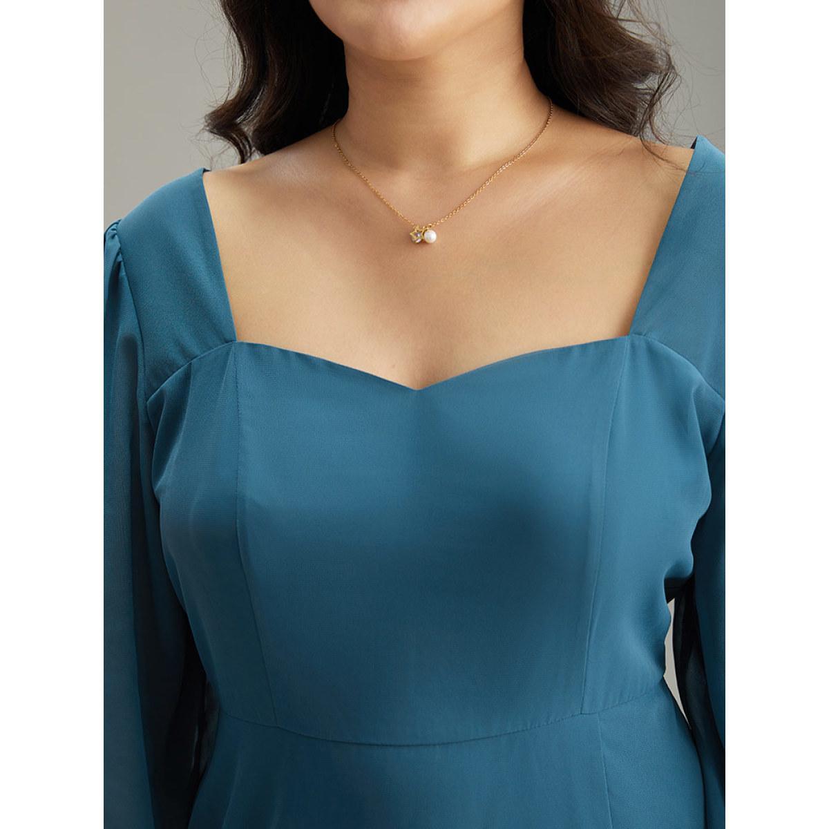Plus Size Chiffon Square Neck Shirred Lantern Sleeve Split Hem Dress Aegean Women Glamour Plain Square Neck Long Sleeve Curvy Midi Dress BloomChic 10/M Product Image