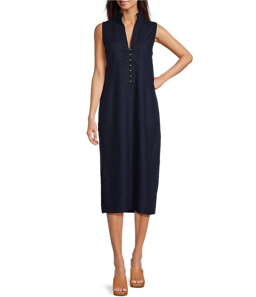 SAIL to SABLE Linen Blend Stand Collar Button Front Detail Sleeveless Side Slit Midi Shirt Dress Product Image