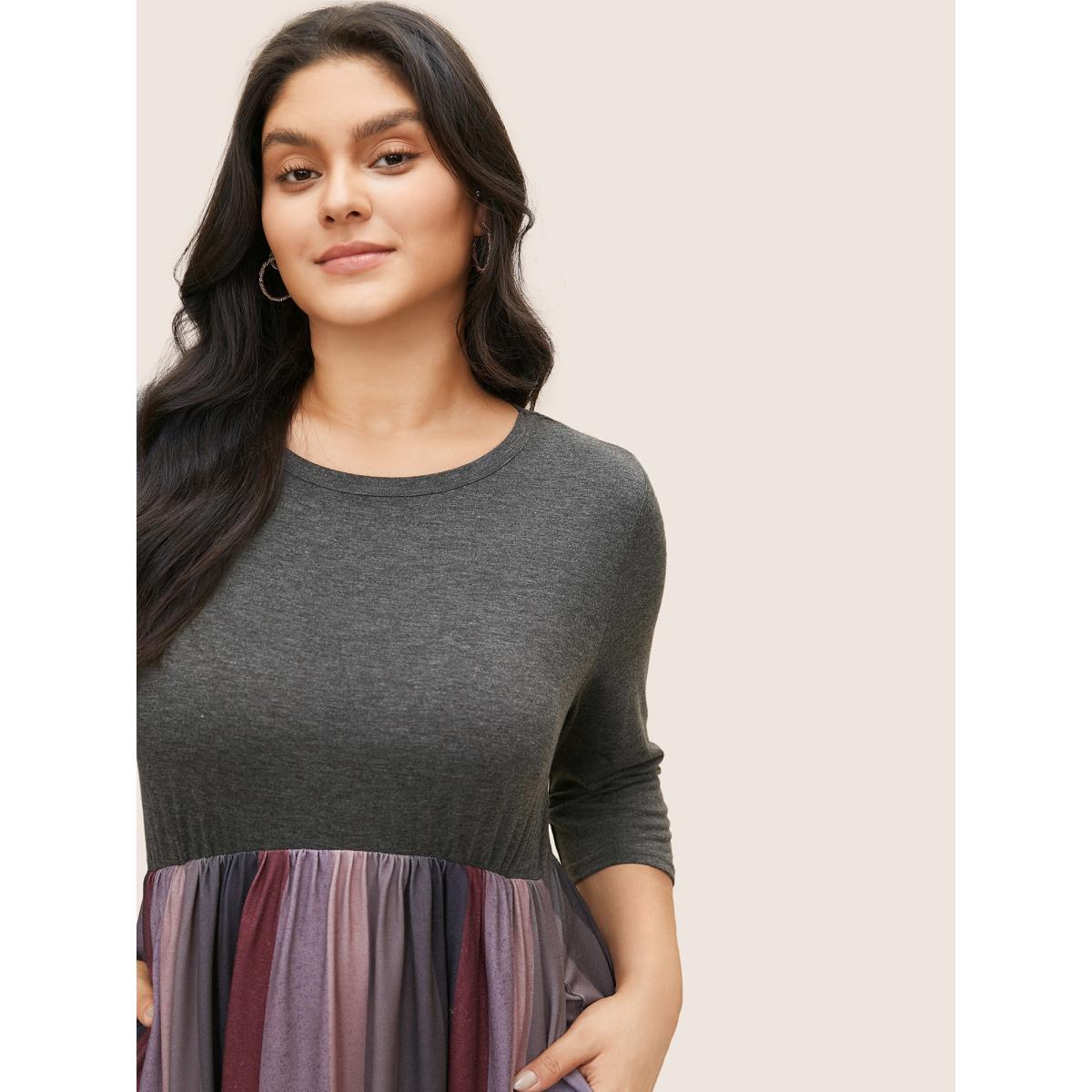 Plus Size Solid Patchwork Pocket Striped Flutter Hem Dress Burgundy Women Casual Non Round Neck Elbow-length sleeve Curvy Midi Dress BloomChic 14-16/1X Product Image