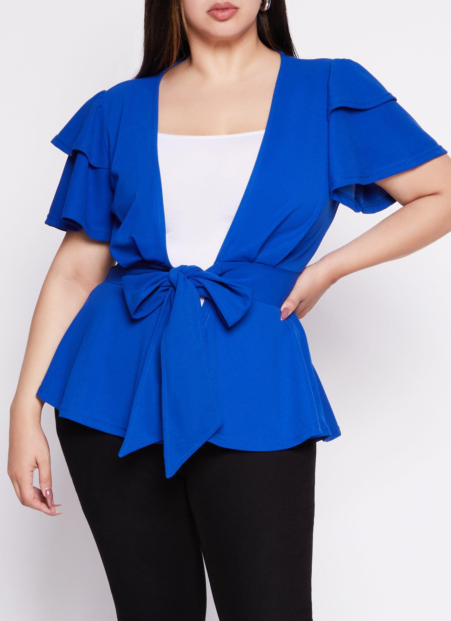 Womens Plus Size Tiered Sleeve Tie Front Peplum Top Product Image