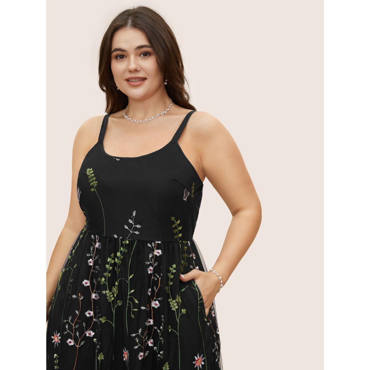 Plus Size U Neck Floral Embroidered Mesh Cami Dress Black Women Formal U-neck Sleeveless Curvy BloomChic 14-16/1X Product Image