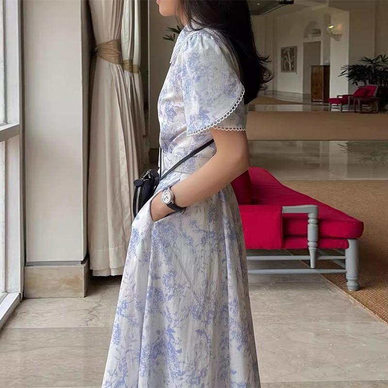 Short-Sleeve Collared Print Midi A-Line Dress Product Image