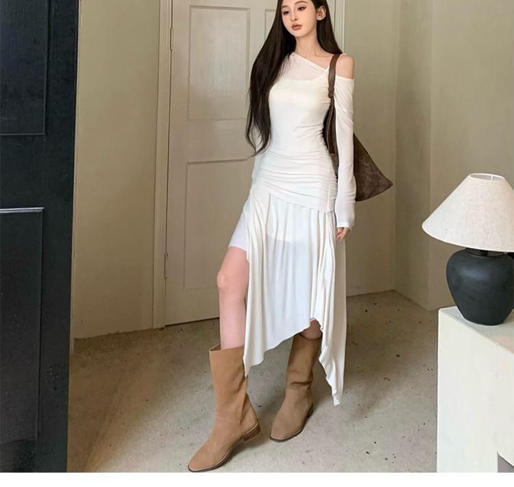 Set: Long-Sleeve Cold Shoulder Plain Ruched Midi A-Line Dress + Slipdress Product Image