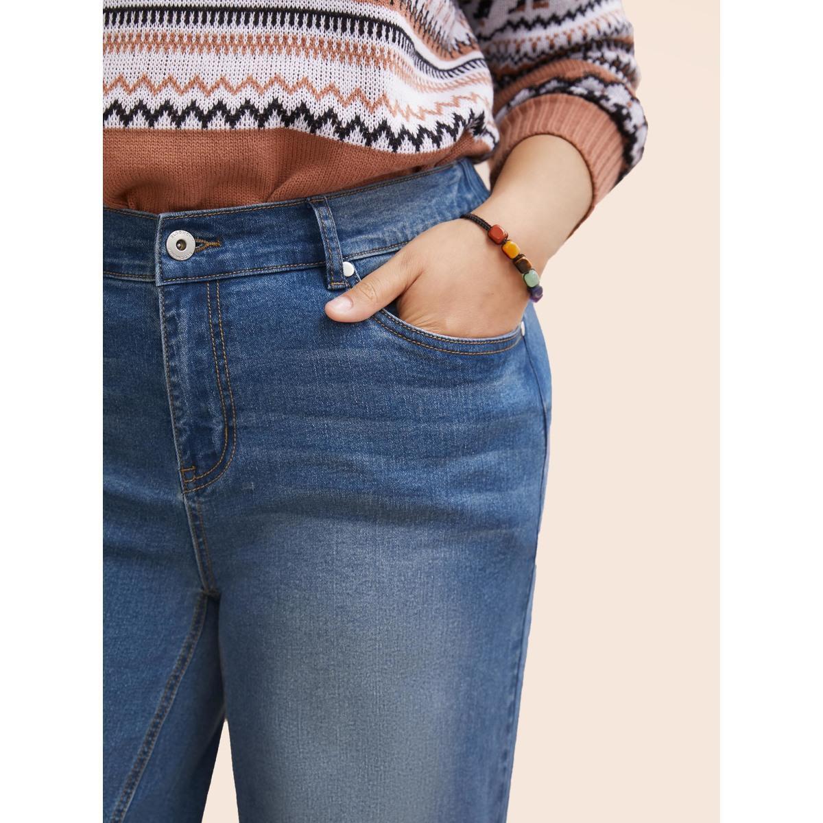 Plus Size Stretch Denim Wide Leg Cut Jeans Women Denimblue Casual Button Medium stretch Slanted pocket Jeans BloomChic 30/6X Product Image