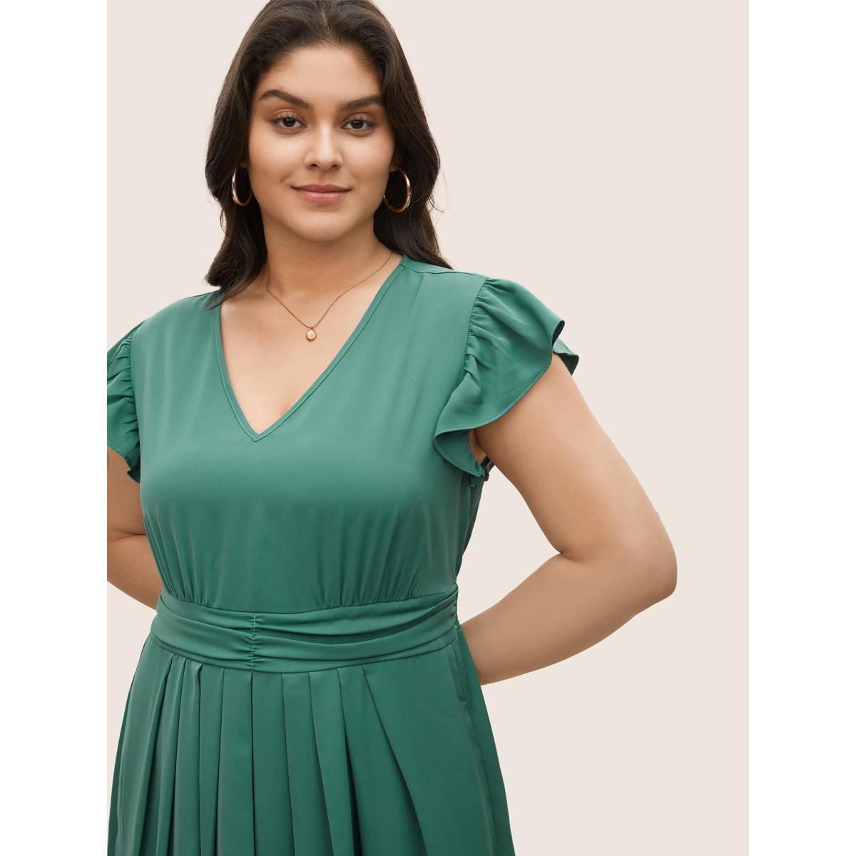 Plus Size Anti-Wrinkle Solid Ruched Flutter Trim Pleated Dress Emerald Women Elegant Non V-neck Sleeveless Curvy Midi Dress BloomChic 12/L Product Image