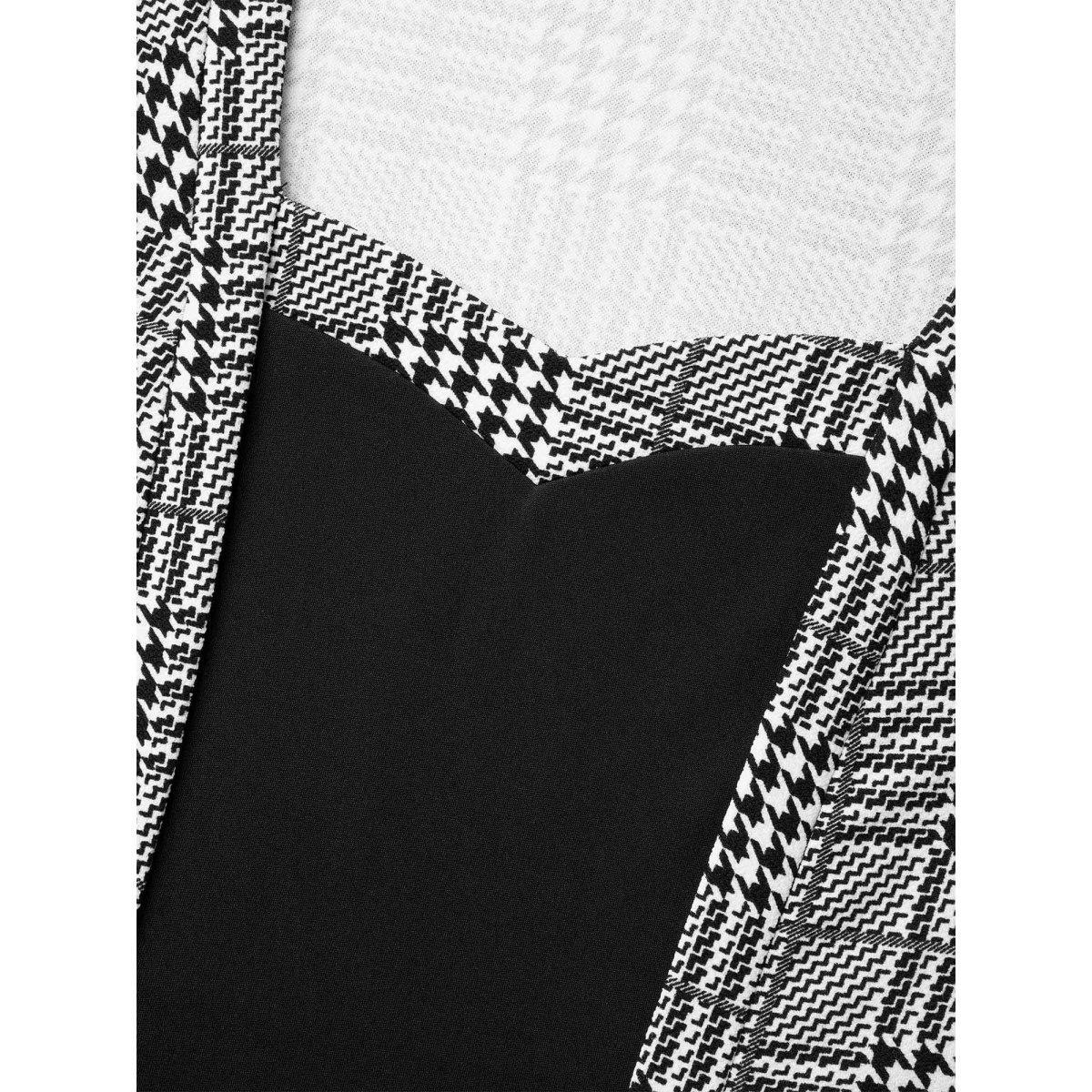 Plus Size Houndstooth Print Waist-Cinched Patchwork Midi Dress BlackFlower Women At the Office Patchwork Knit Dresses Bloomchic 18-20/2X Product Image