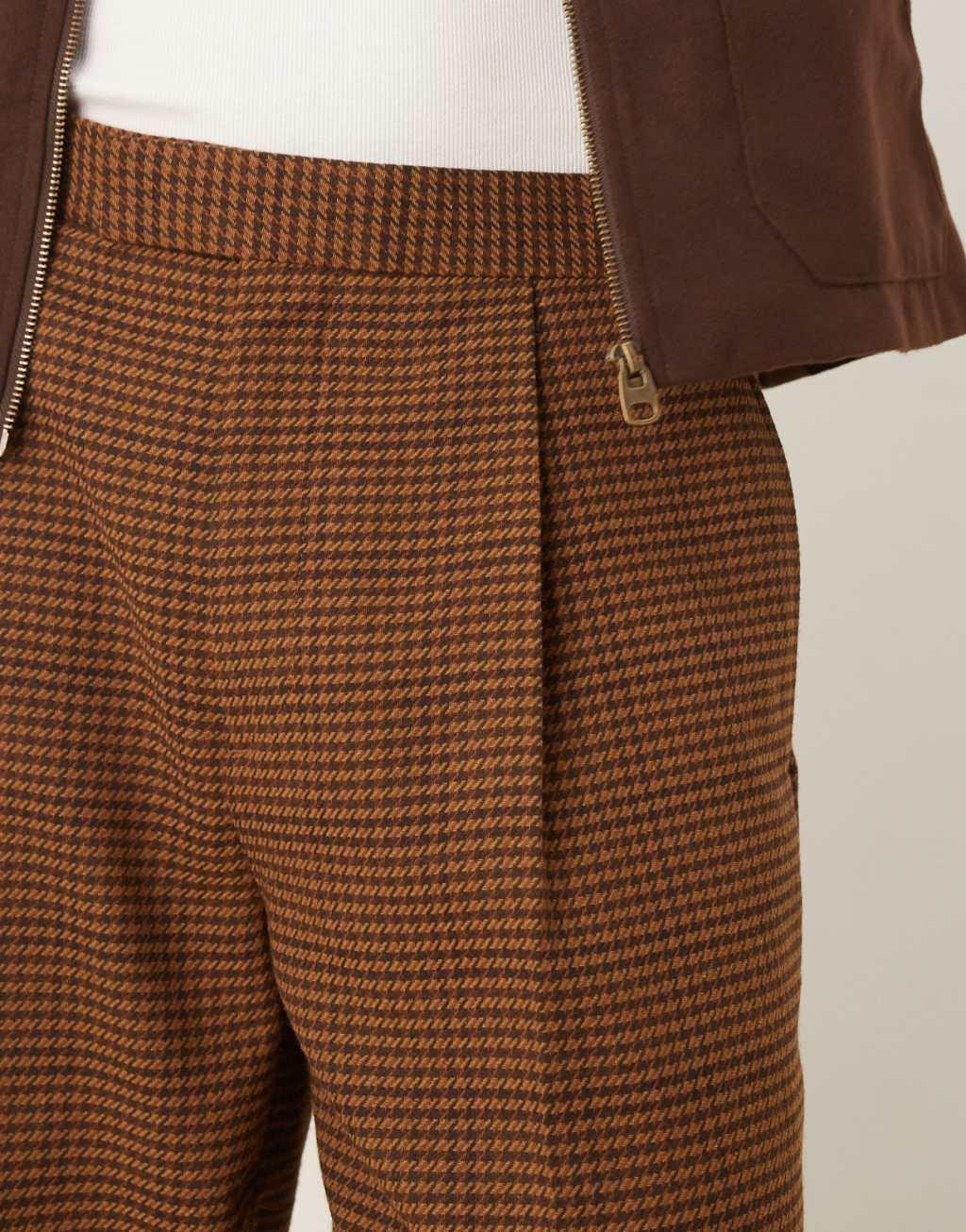 ASOS DESIGN smart wool mix oversized tapered pants in brown herringbone with half elastic waist Product Image