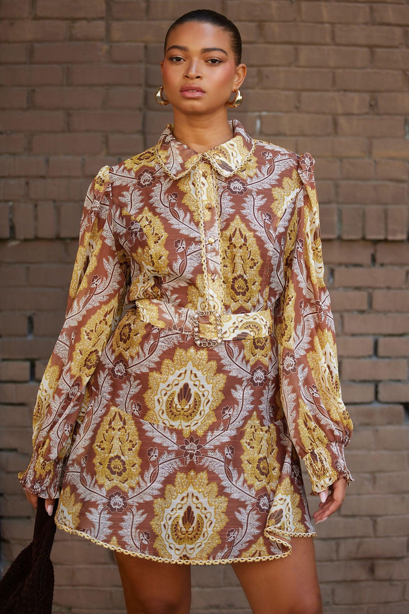 Darlington Belted Chiffon Shirt Mini Dress - Brown/combo Product Image