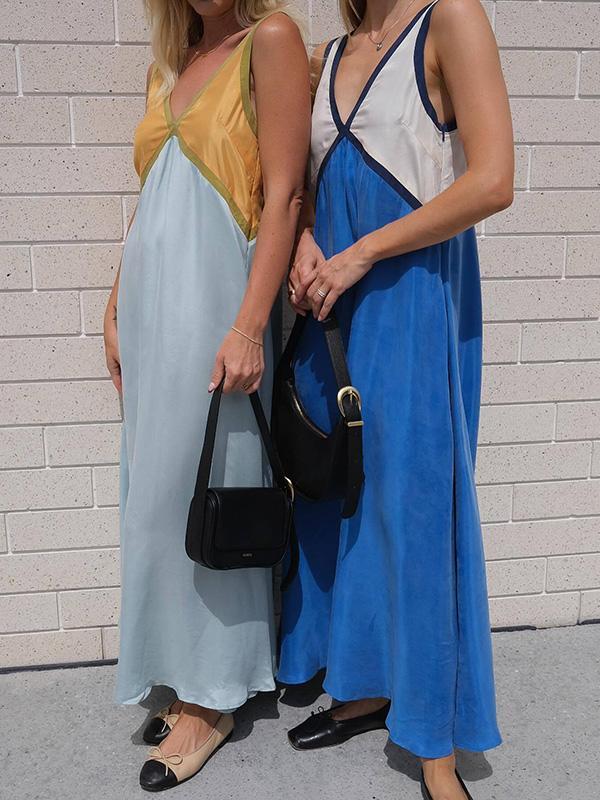 Loose Sleeveless Contrast Color Split-Joint Deep V-Neck Maxi Dresses Product Image