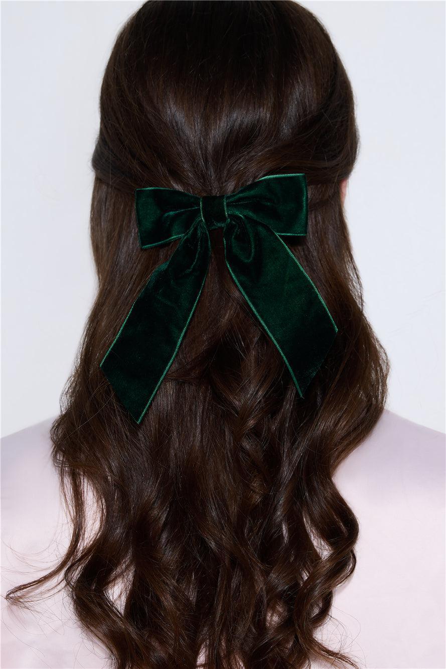 Velvet Bow Hair Clip Green Product Image