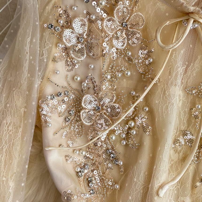 Puff-Sleeve Flower Embroidered Sequin A-Line Dress Product Image