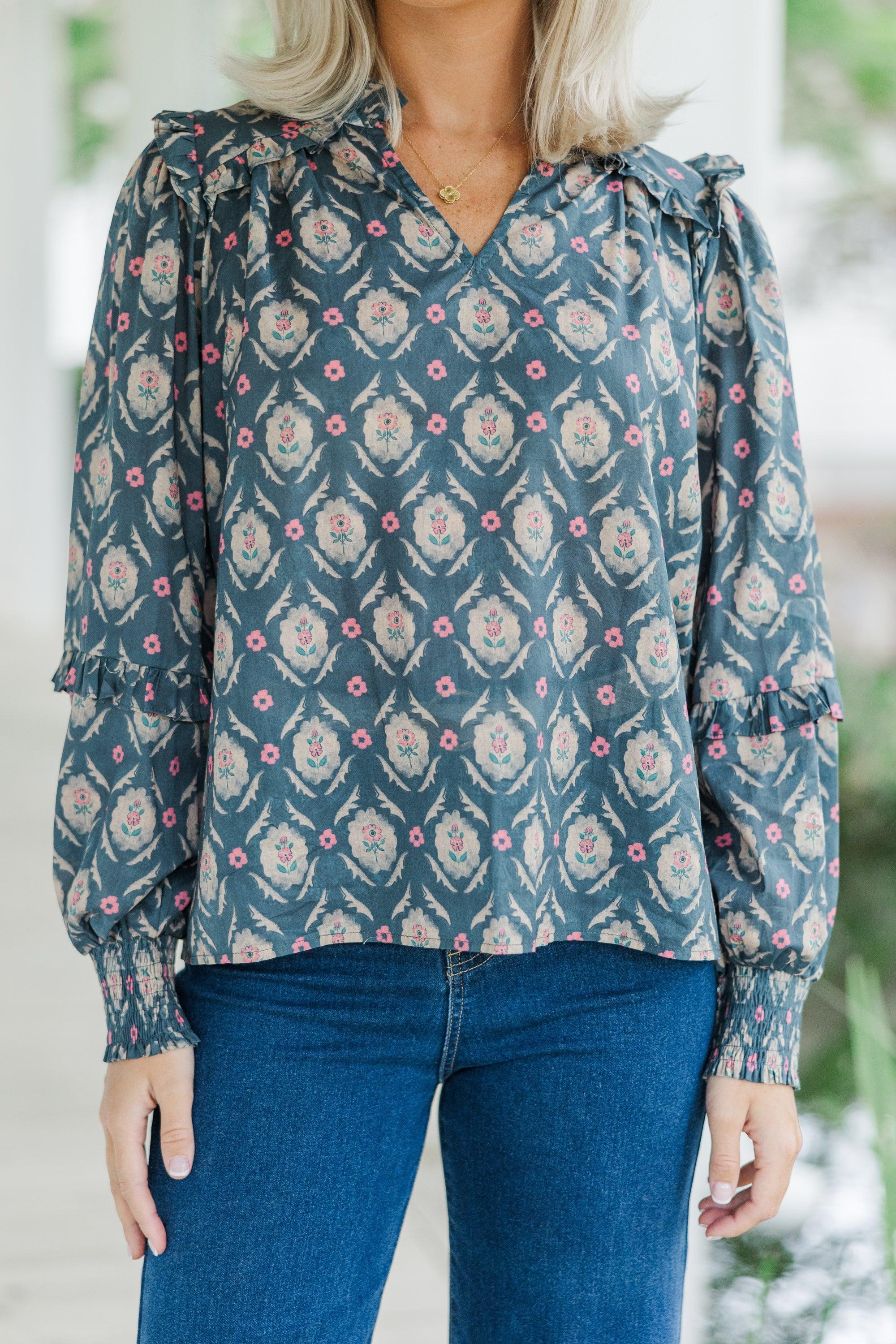 All Worth It Navy Blue Medallion Blouse Female Product Image