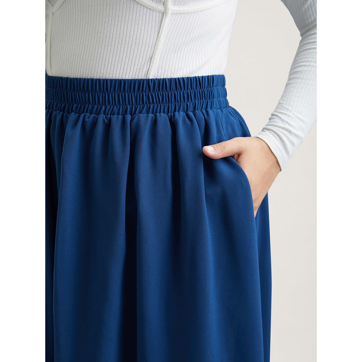 Plus Size Asymmetrical Hem Stretchy-Waist Plain Midi Skirt Women Mediumblue Elegant Asymmetrical No stretch Side seam pocket Everyday Skirts BloomChic 28/5X Product Image