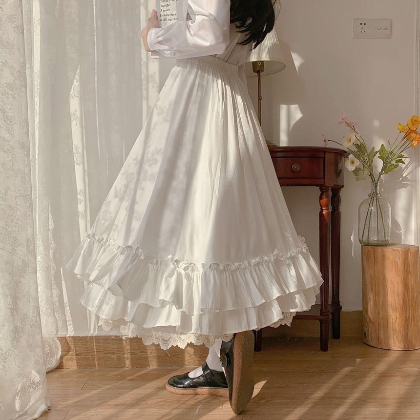 High Waist Plain Lace Ruffle Midi A-Line Skirt / Petticoat Product Image