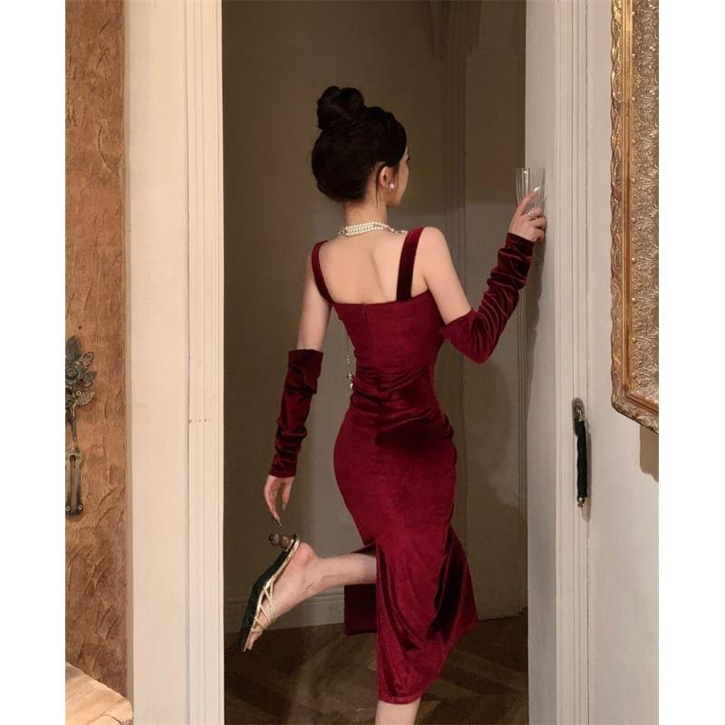 Wide Strap Velvet Midi Bodycon Dress Product Image