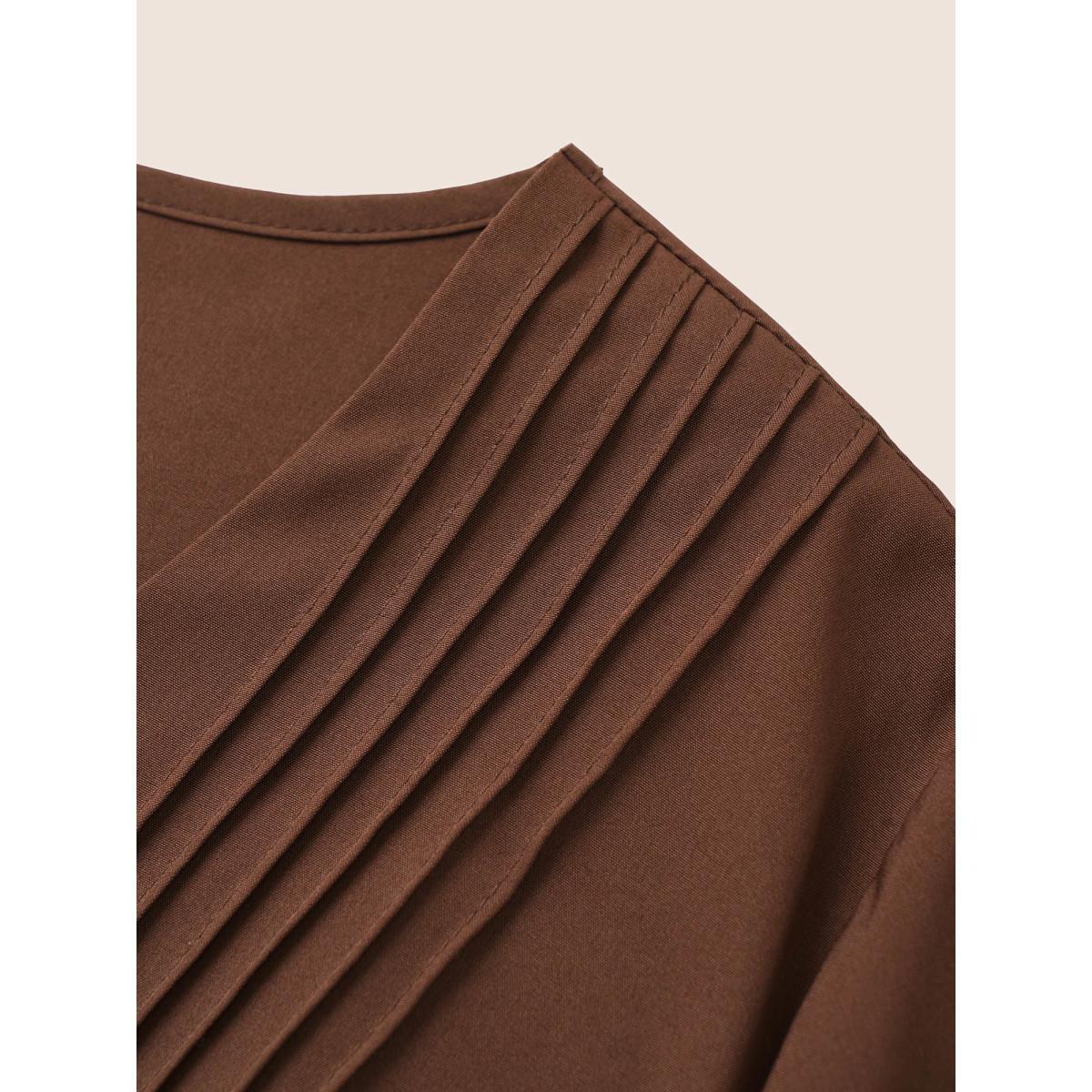 Plus Size Solid Pleated Button Detail Lantern Sleeve Dress DarkBrown Women At the Office Non V-neck Elbow-length sleeve Curvy Midi Dress BloomChic 26/4X Product Image