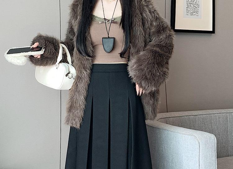High Waist Plain Pleated Midi A-Line Skirt Product Image