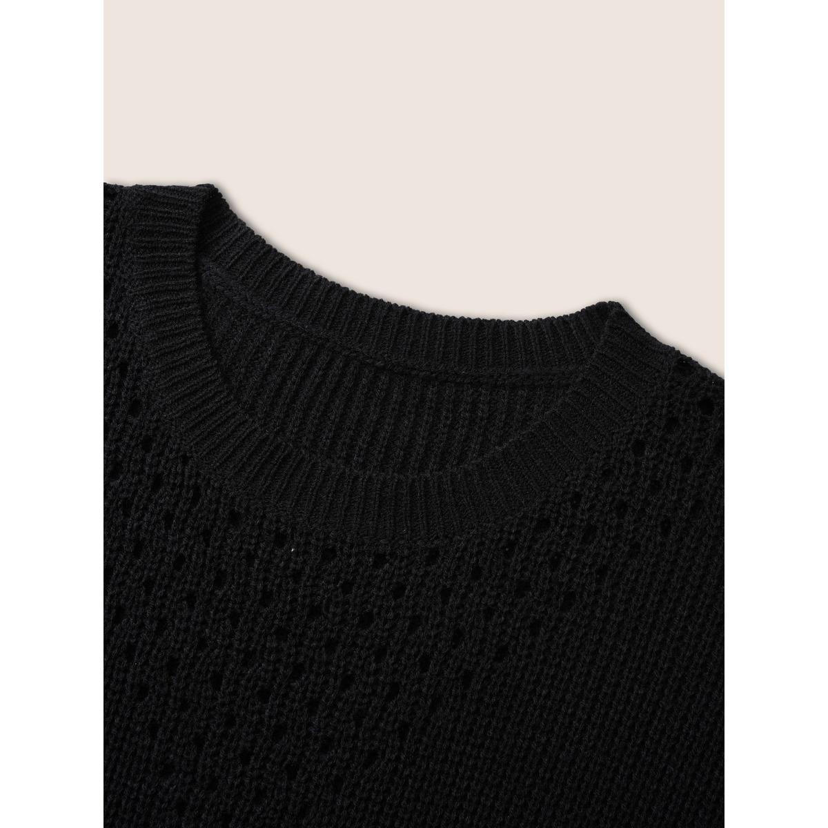 Plus Size Plain Round Neck Hollow Out Drop Shoulder Pullover Black Women Casual Loose Long Sleeve Round Neck Dailywear Pullovers BloomChic 12/L Product Image