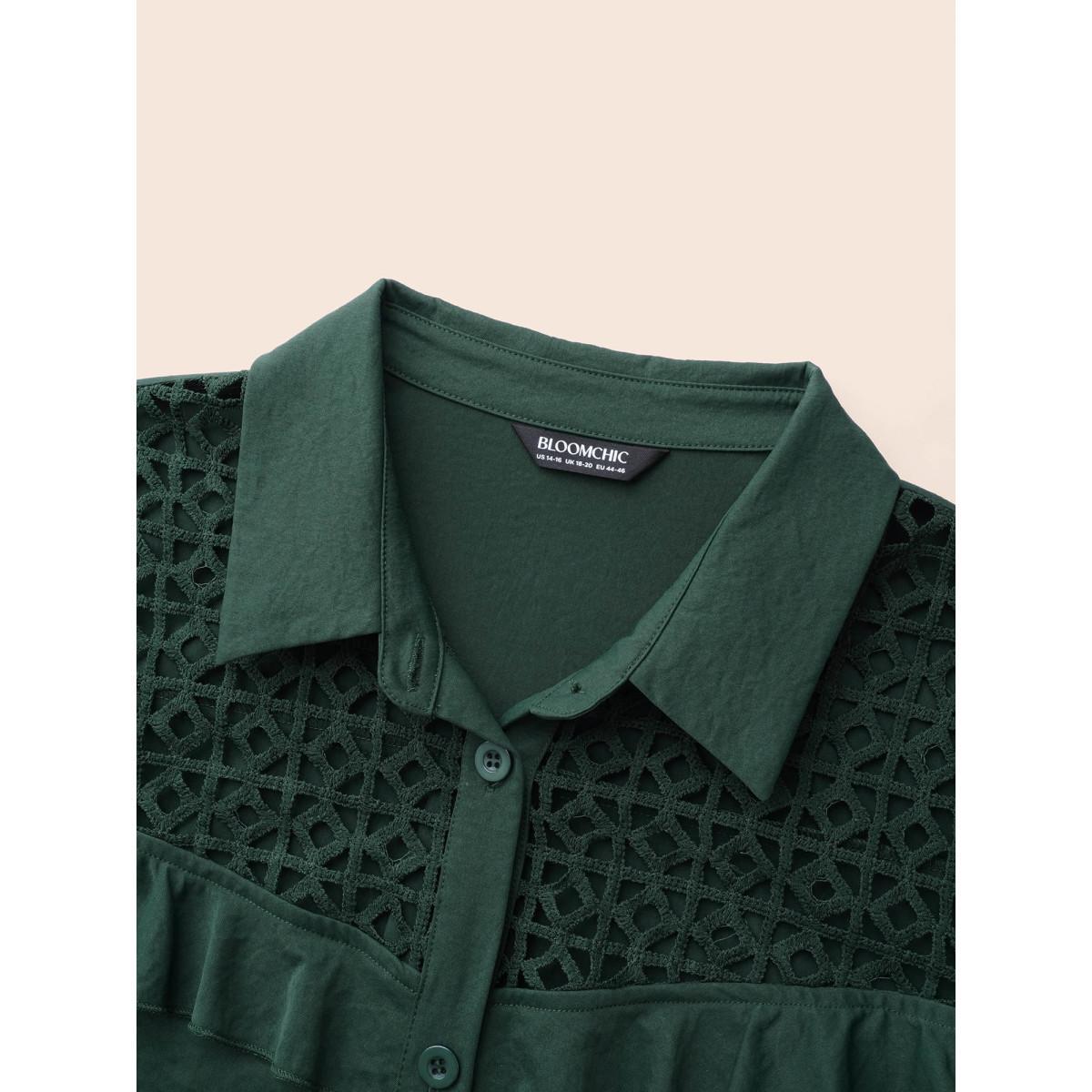 Plus Size Solid Cut Out Ruffle Trim Arc Hem Dress DarkGreen Women Casual Cut-Out Shirt collar Long Sleeve Curvy BloomChic 26/4X Product Image