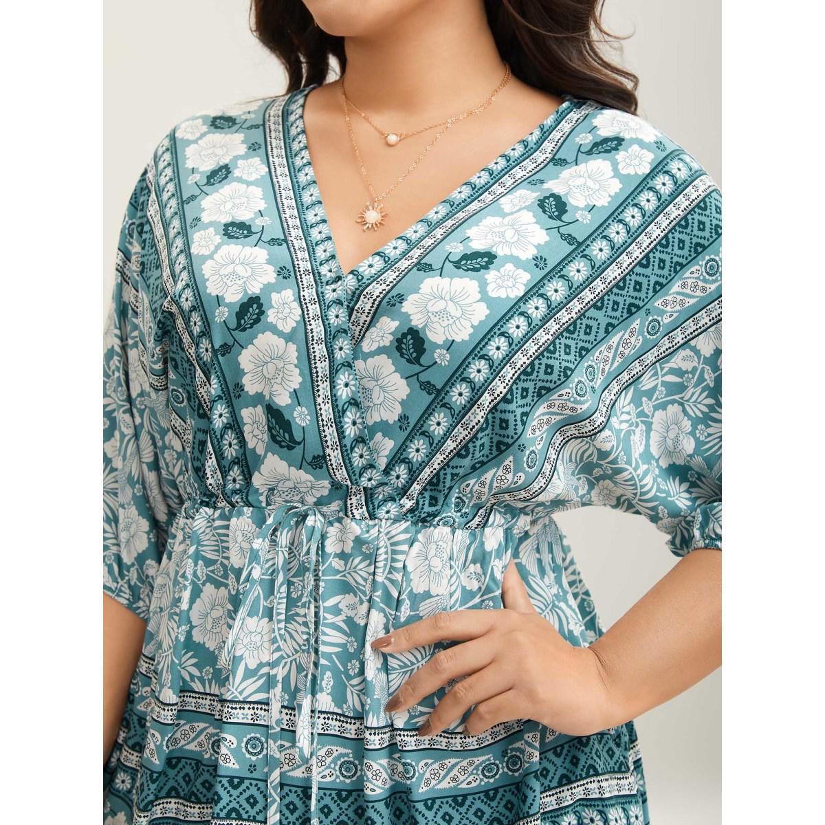 Plus Size Mint Floral Print Surplice Neck Waist-Cinched Shirt Women Resort Elbow-length sleeve Overlap Collar Vacation Blouses BloomChic 22-24/3X Product Image