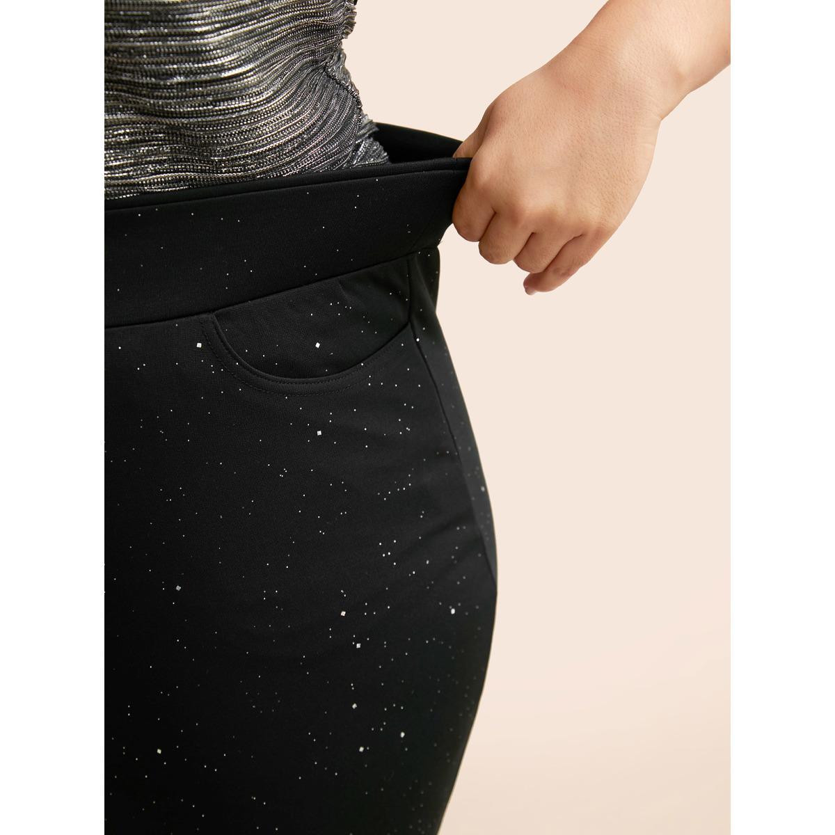 Plus Size Glitter Button Detail Skinny Pants Women Black Basics Skinny High Rise Everyday Pants BloomChic 30/6X Product Image