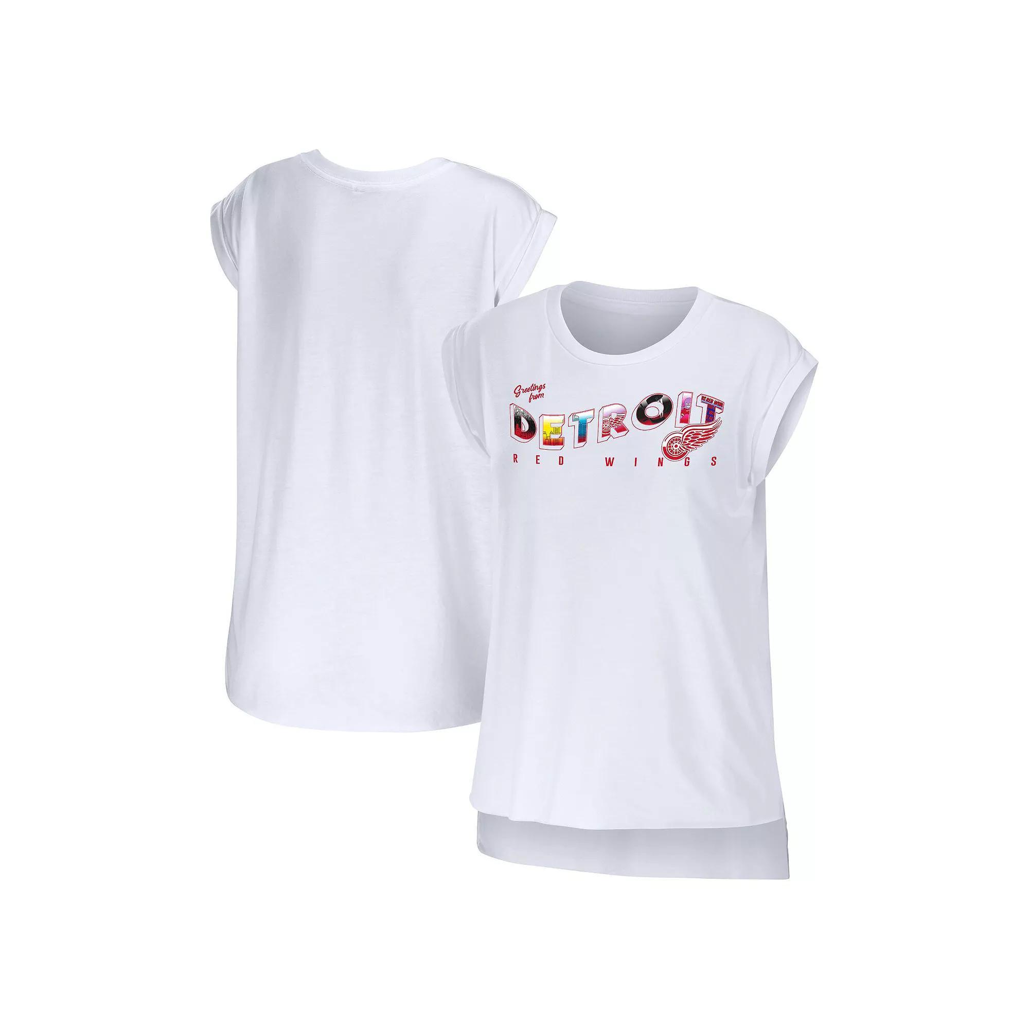 Women's WEAR by Erin Andrews White Detroit Red Wings Greetings From Muscle T-Shirt, Size: Small Product Image