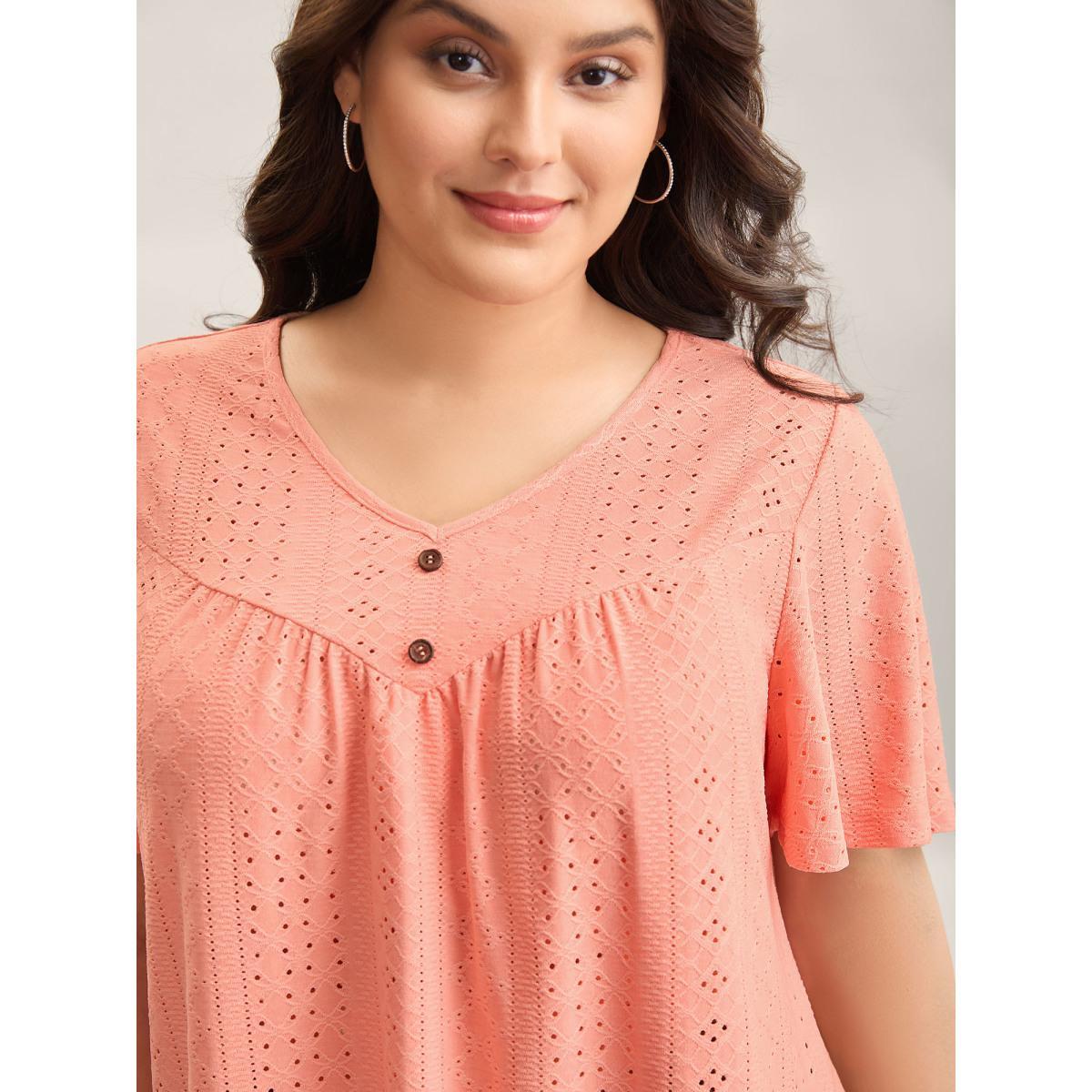 Plus Size Textured Button Detail Pleated T-Shirt Coral Women Casual Texture V-neck Everyday-Casual T-shirts BloomChic 26/4X Product Image