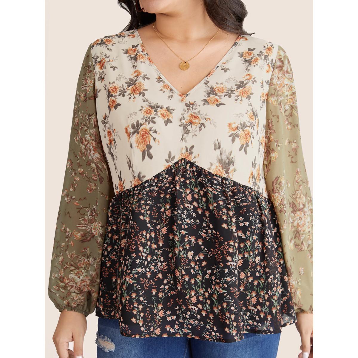 Plus Size Beige Chiffon Contrast Ditsy Floral Patchwork Blouse Women Vacation Long Sleeve V-neck Vacation Blouses BloomChic 22-24/3X Product Image