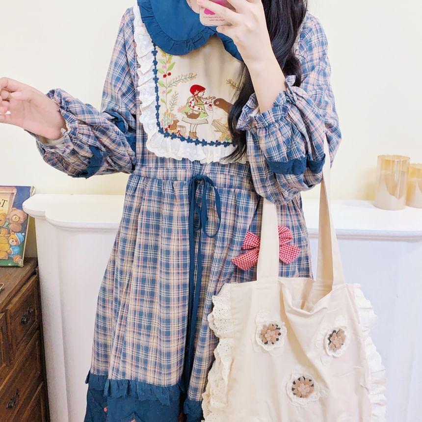 Long-Sleeve Collar Plaid Embroidered Patchwork Midi A-Line Dress Product Image