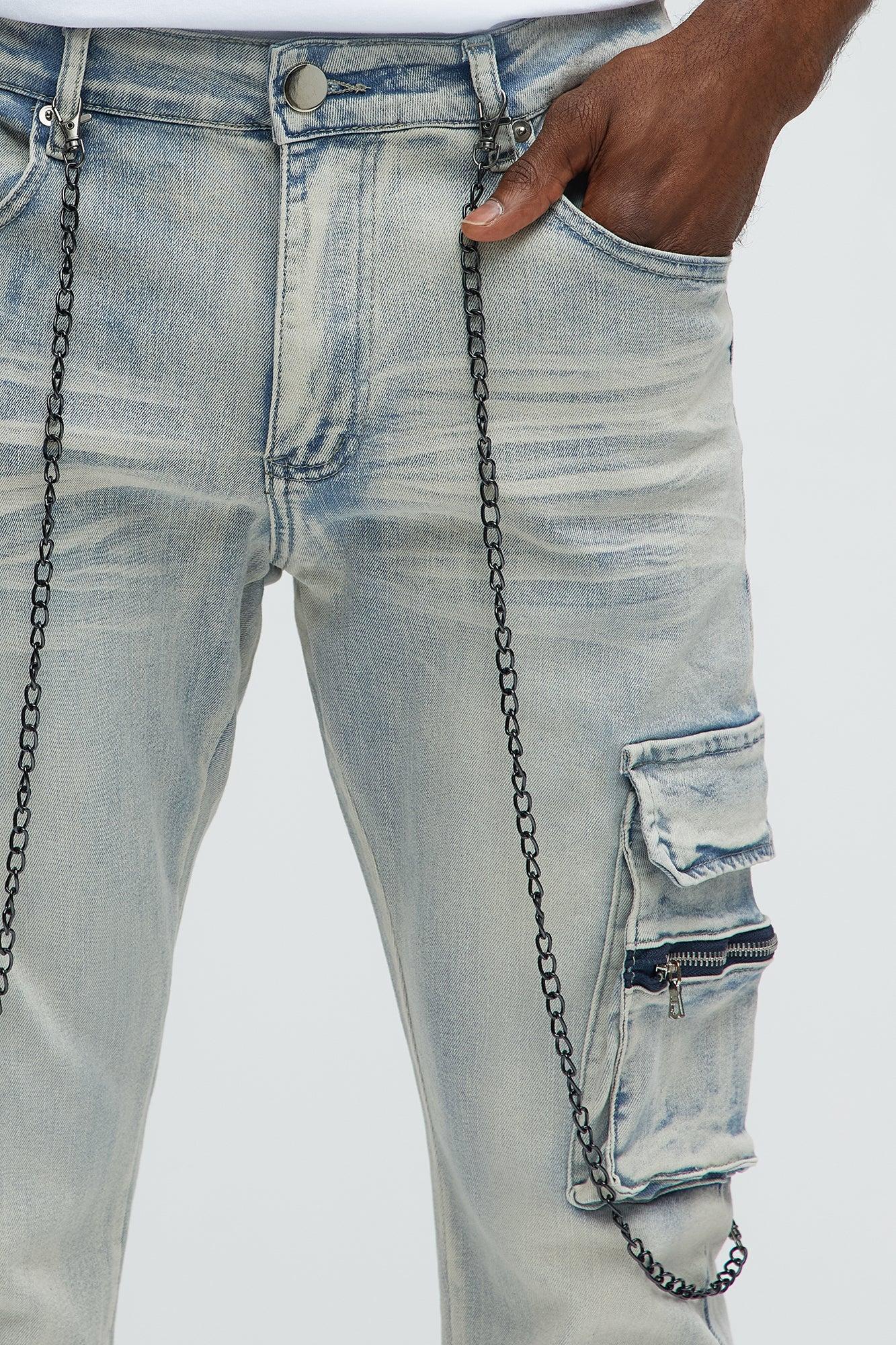 Down To It Cargo With Chain Stacked Skinny Jeans - Light Wash Product Image