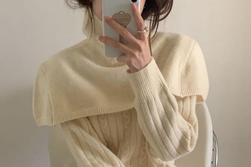 Set: Long-Sleeve Round Neck Plain Cable Knit Sweater + Cape Product Image