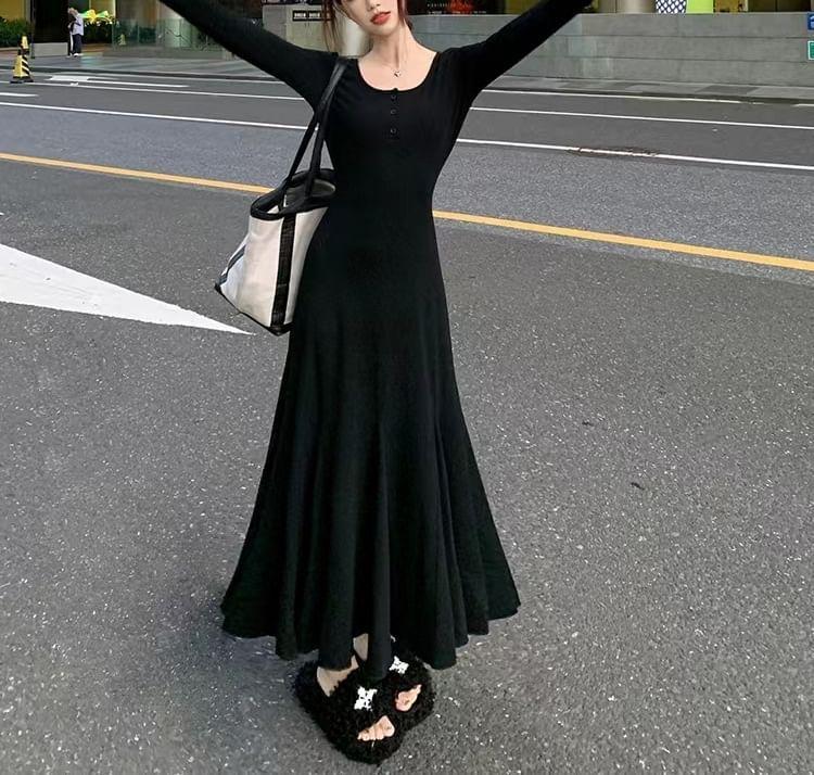 Long-Sleeve Henley Plain Midi  Mermaid Dress Product Image