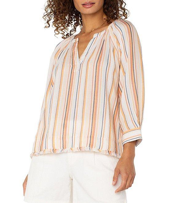 Liverpool Los Angeles Petite Size Stripe Split V-Neck 3/4 Sleeve Frayed Hem Top Product Image