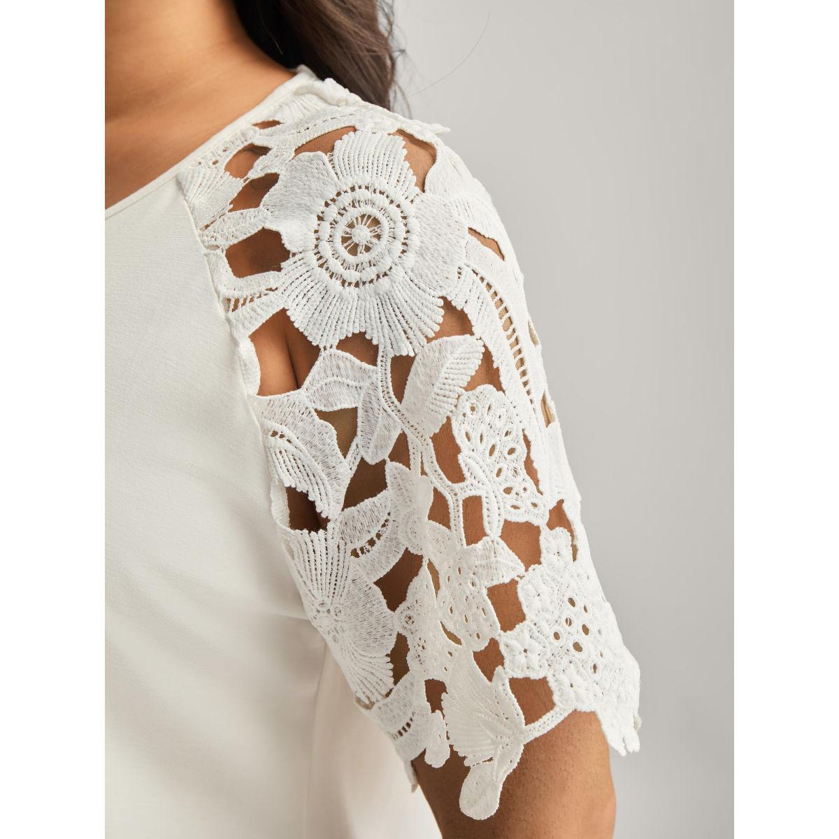 Plus Size Lace Cut-Out Sleeve Solid T-Shirt Originalwhite Women Round Neck Everyday-Casual T-shirts BloomChic 18-20/2X Product Image