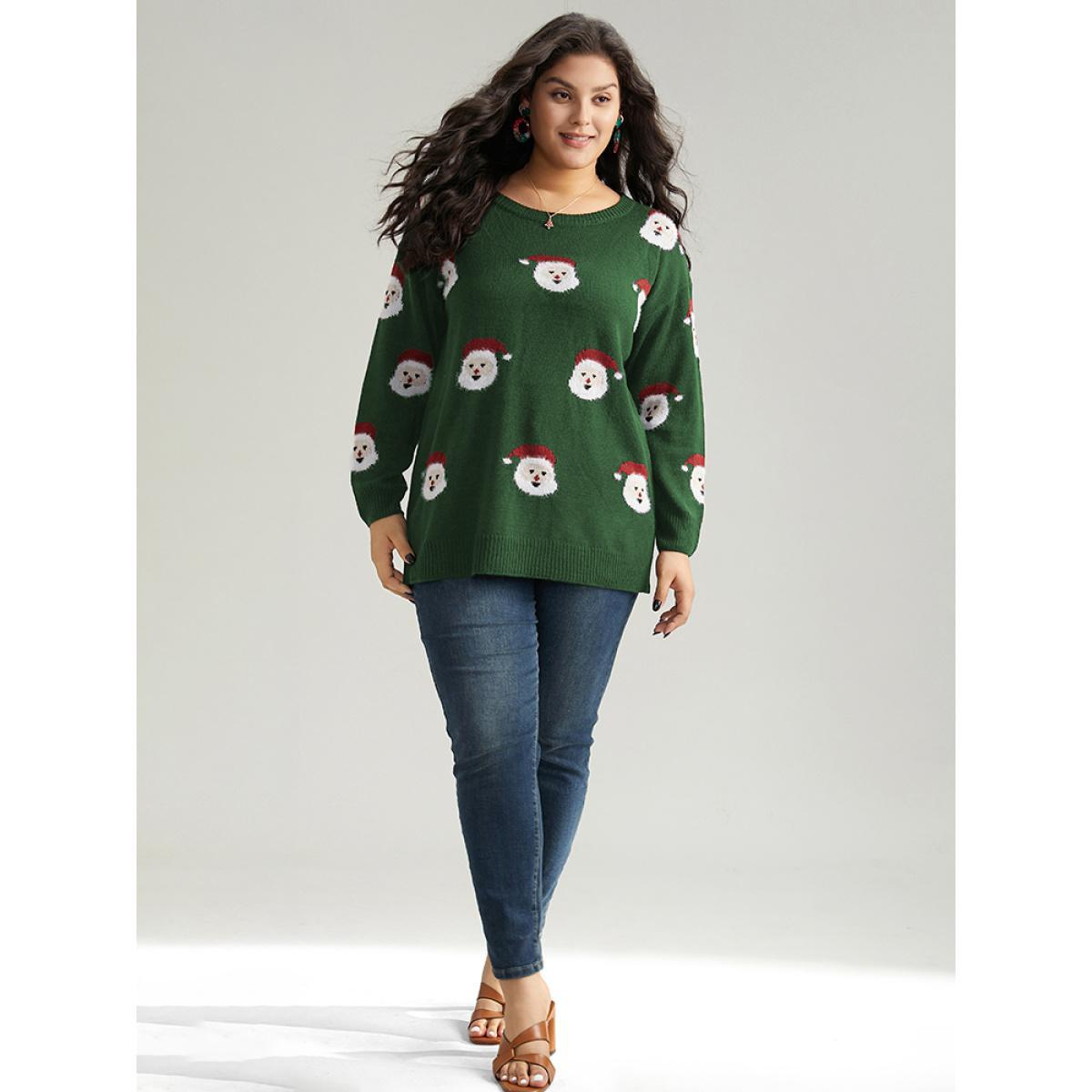 Plus Size Jolly Fellow Motifs Round Neck Pullover DarkGreen Women Casual Long Sleeve Round Neck Festival-Christmas Pullovers BloomChic 30/6X Product Image