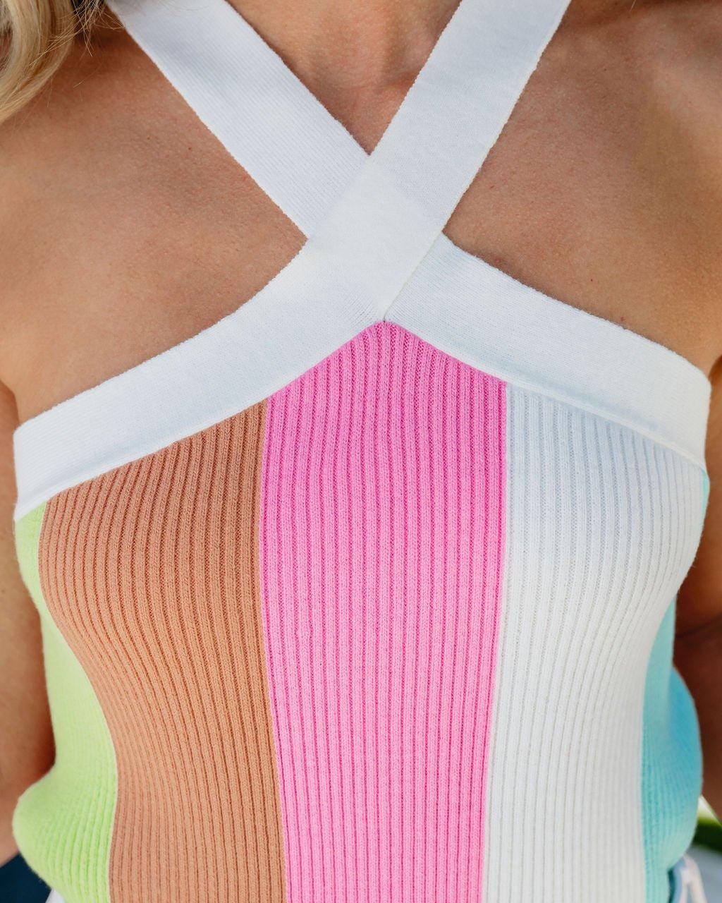 Multi Striped Cross Front Halter Tank Top - FINAL SALE Product Image