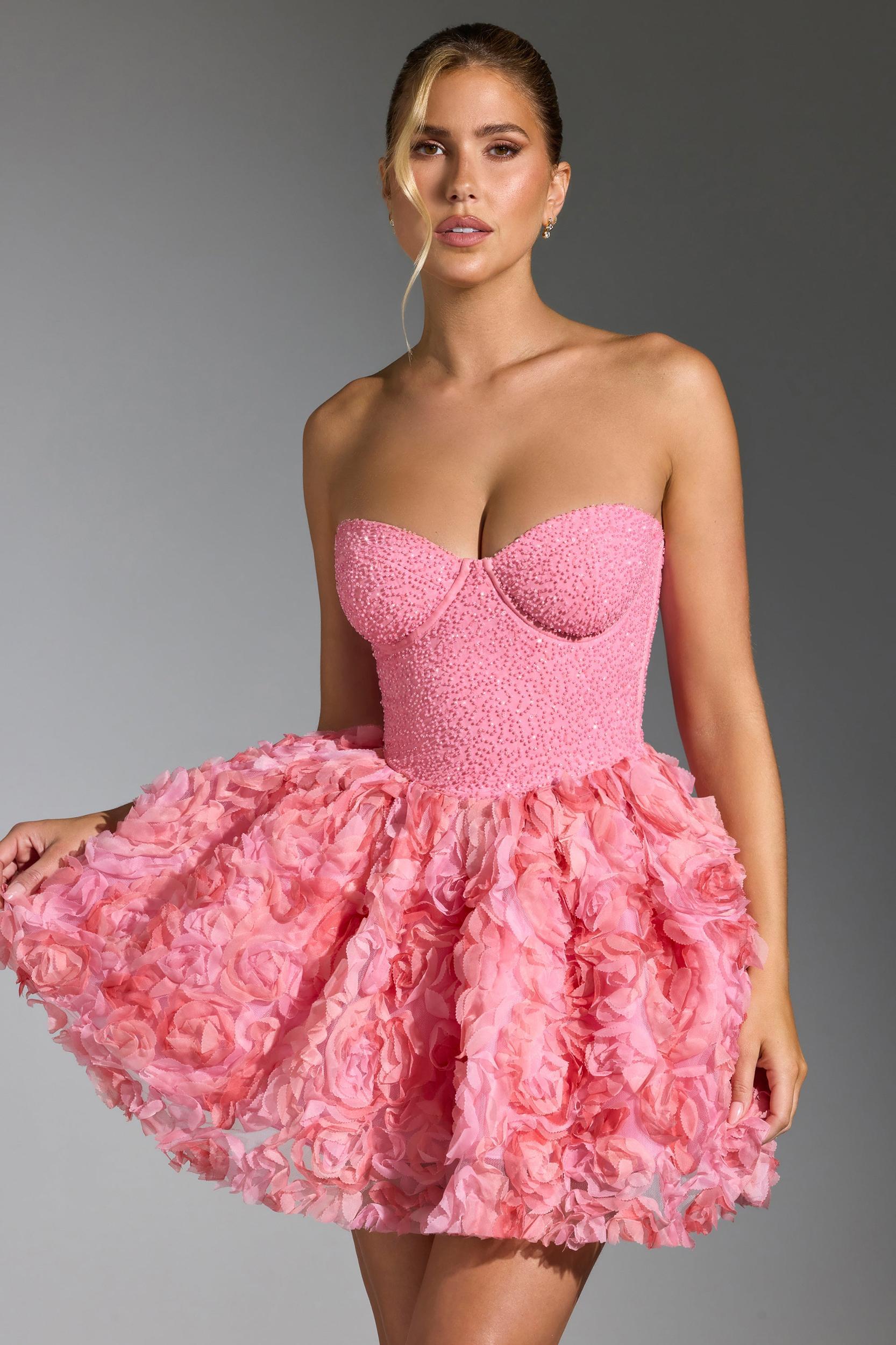 Embellished Floral-Appliqué Lace-Up Mini Dress in Pink Product Image
