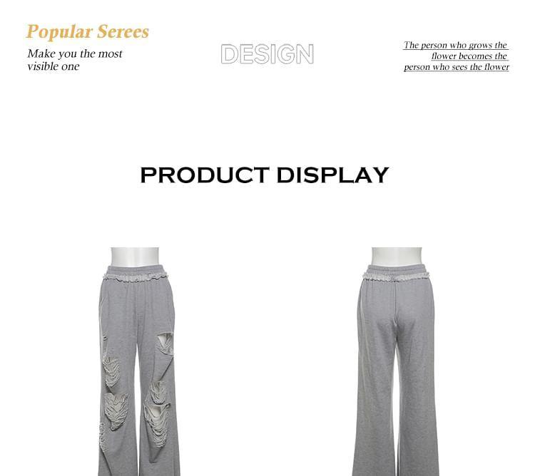Elastic Waist Plain Distressed Wide Leg Pants Product Image