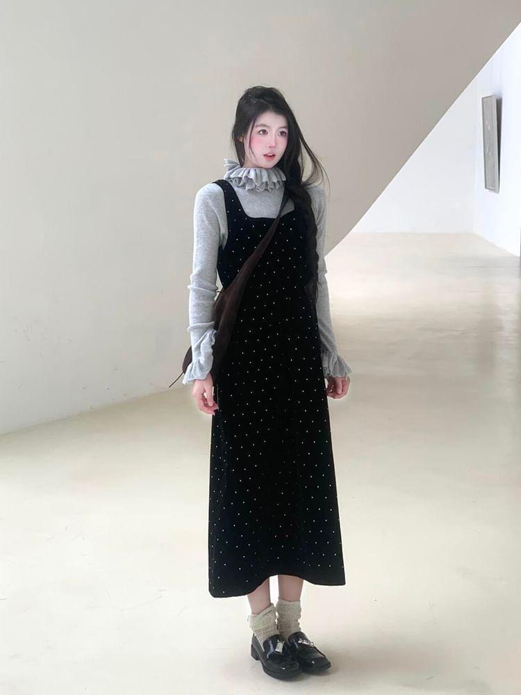 Long-Sleeve Ruffle Trim Slim Fit T-Shirt / Square Neck Dotted Midi A-Line Jumper Dress / Set Product Image