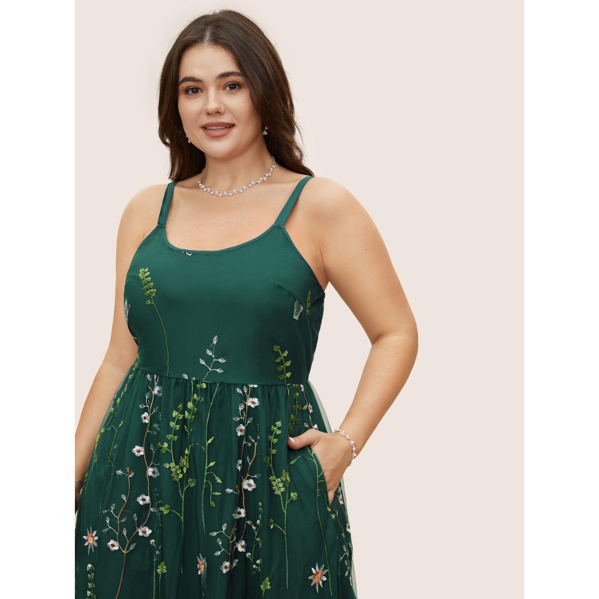 Plus Size U Neck Floral Embroidered Mesh Cami Dress DarkGreen Women Formal U-neck Sleeveless Curvy BloomChic 26/4X Product Image
