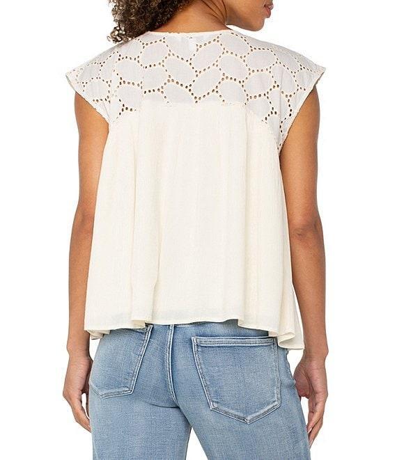 Liverpool Los Angeles Mixed-Media Oval Eyelet Scoop Neck Cap Sleeve Blouse Product Image