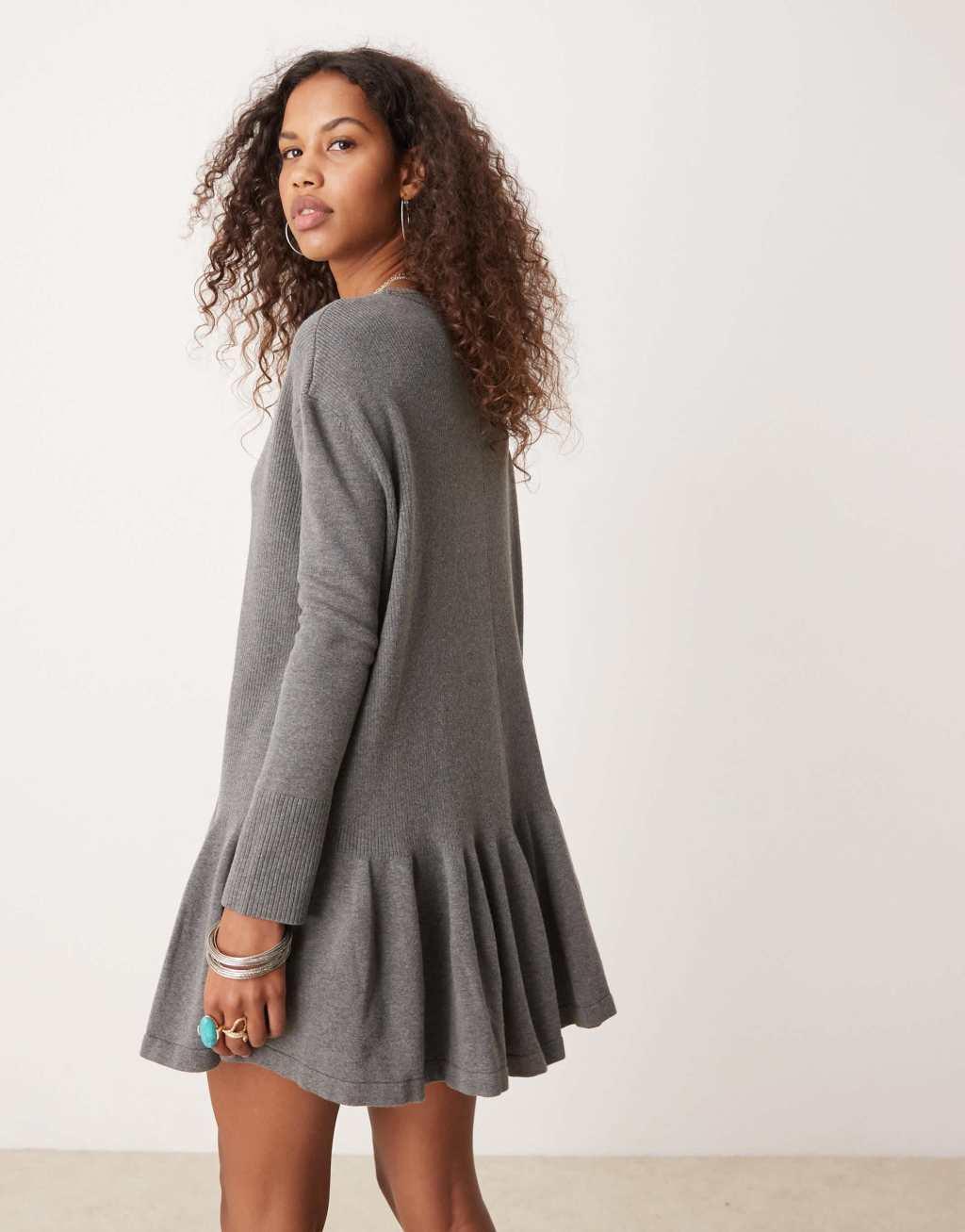 Free People knit mini ruffle hem mini dress in gray Product Image