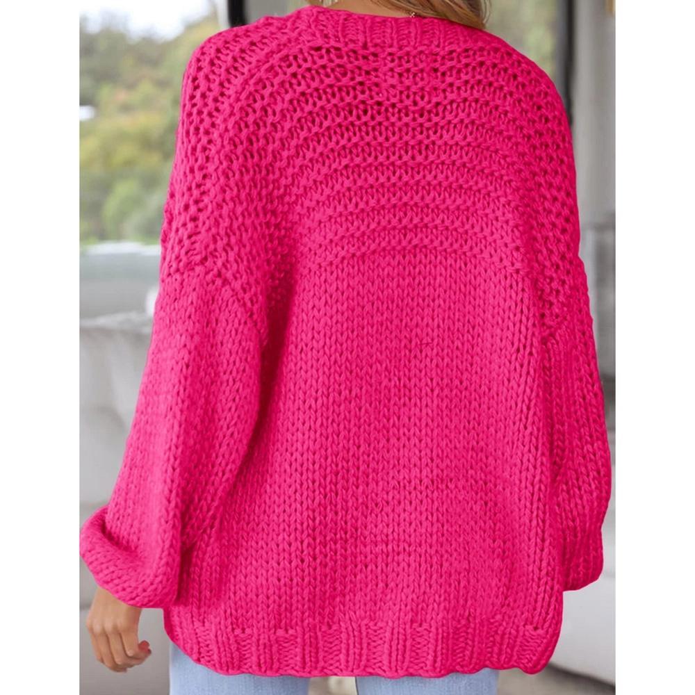 Womens Sweater Knit Cardigan with Pockets Open Front Cable Knit Sweater Chunky Thick Sweater Cardigan for Winter Comfy Knitwear,Rose Red - L Product Image