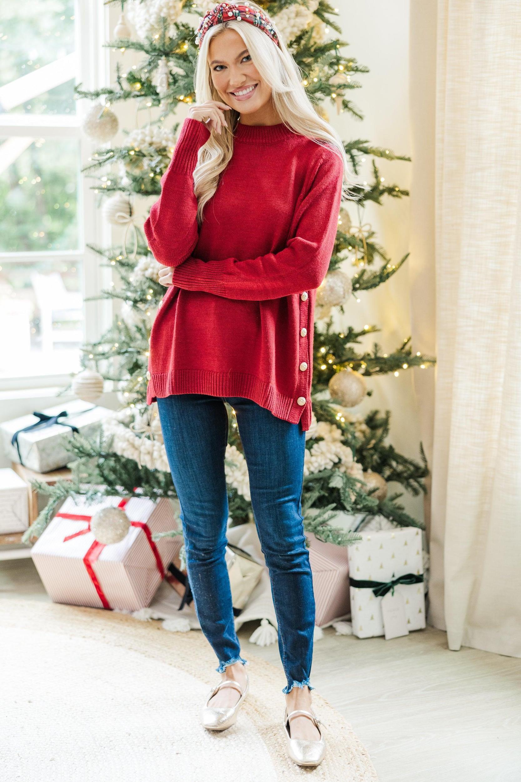 The Slouchy Red Side Button Sweater Female Product Image