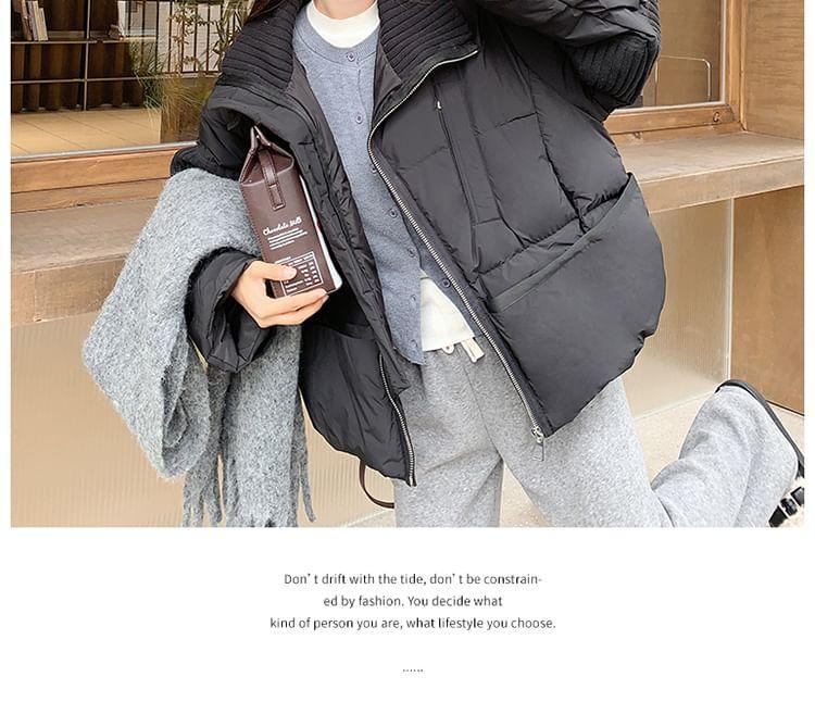 Ribbed Panel Plain Zip-Up Down Jacket Product Image
