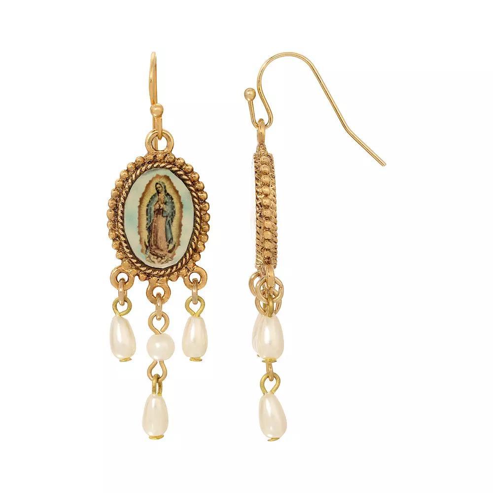 Symbols of Faith Our Lady of Guadalupe Faux Pearl Drop Earrings, Womens, White Product Image