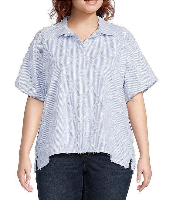 Ali Miles Plus Size Yarn-Dye Clipped Jacquard Printed Point Collar Short Sleeve Button Front Shirt Product Image