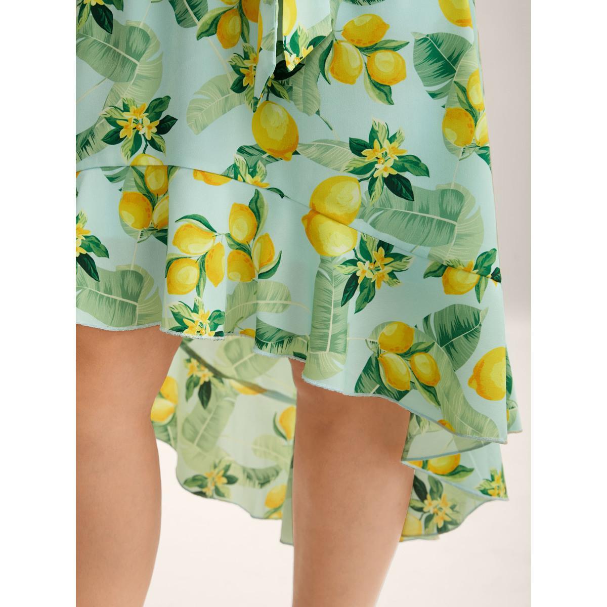 Plus Size Citrus Print Ruffled Hem Belted Midi Dress LightBlue Women Overlap Collar Short sleeve Curvy BloomChic 26/4X Product Image