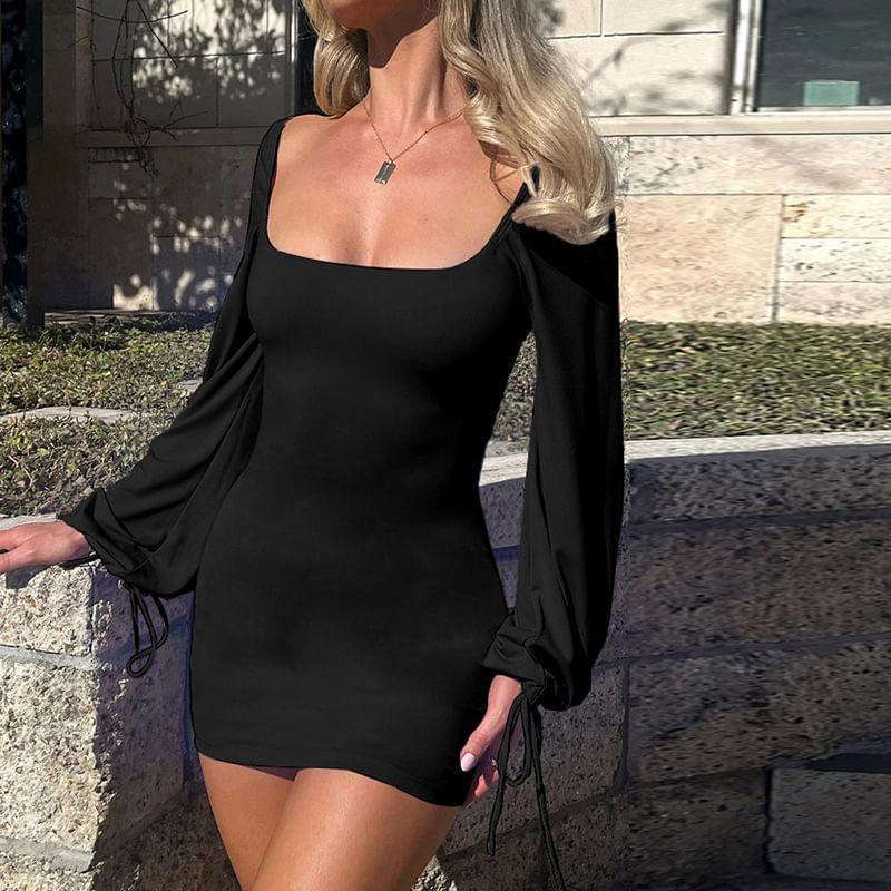 Puff Sleeve Square-Neck Plain Open-Back Slim-Fit Mini Bodycon Dress Product Image