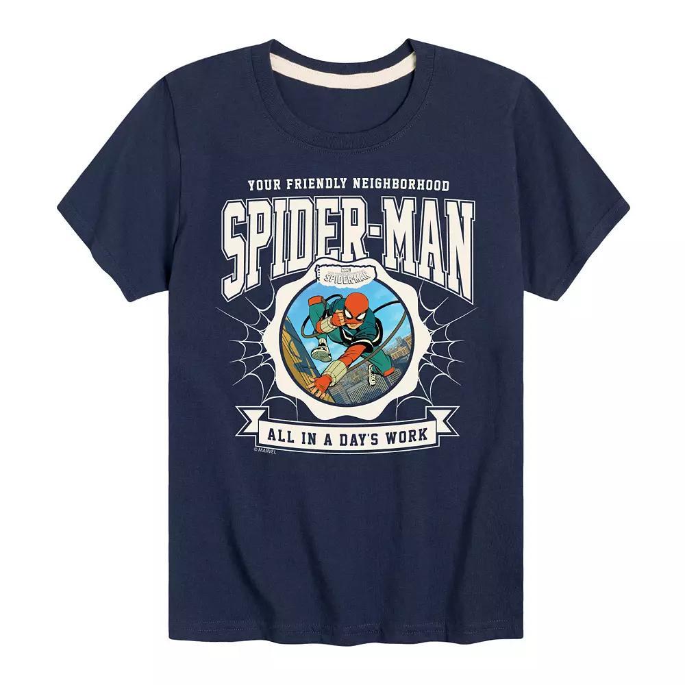 Boys 8-20 Your Friendly Neighborhood Spider-Man Collegiate All In A Days Work Graphic Tee, Boys Blue Product Image